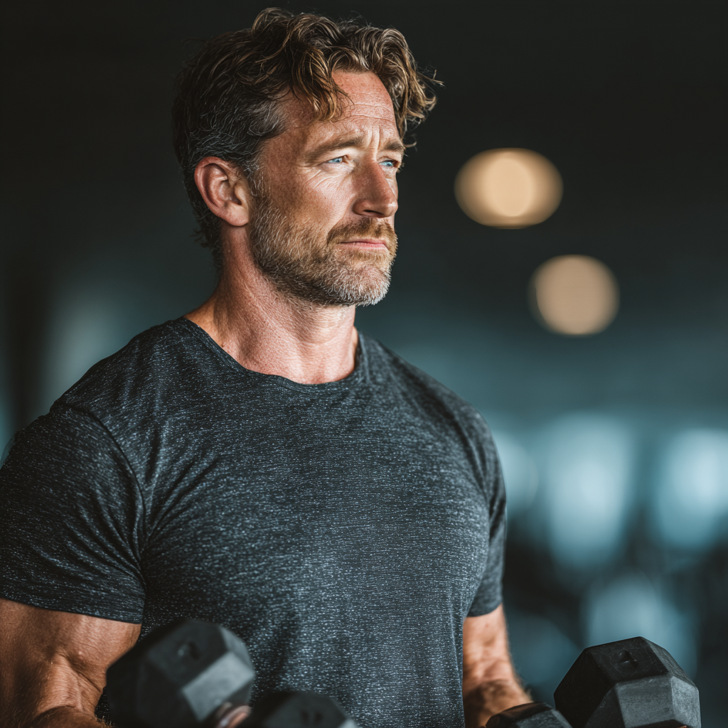 Confident middle-aged man in his 40s working out with dumbbells in a modern gym, showing determination and focus during strength training session