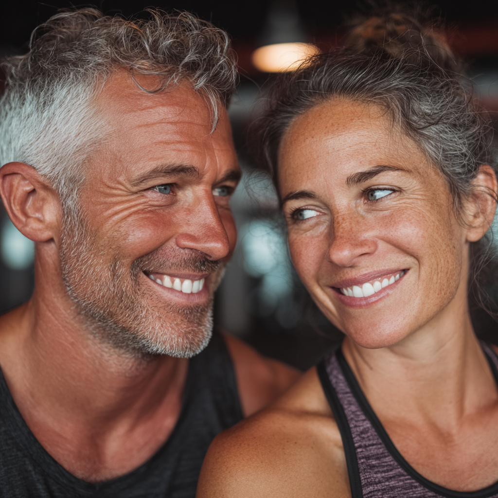 Mature couple in their late 40s training together at gym, smiling and supporting each other during a workout session